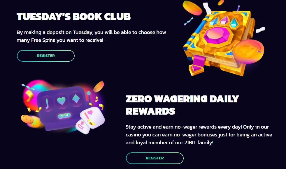 21Bit Tuesday's book club and daily zero wagering ongoing promotions